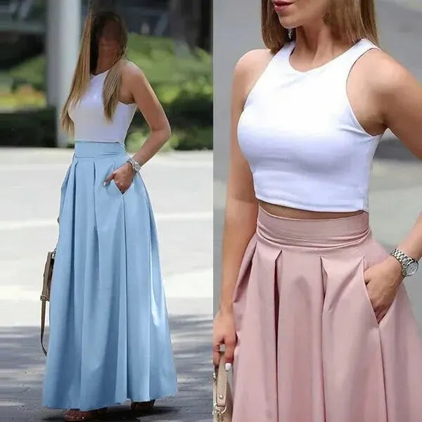 2022 European American Trade Wish Cross-border Solid Color High-waisted Skirt Long Dress Pleats  Amaijoin