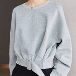 Carregue a imagem no visualizador da Galeria, Stylish Grey Sweatshirts Autumn Winter Women Plain Long Sleeve Belt Waist Loose Casual Oversize Pullovers Korean Short Jumper  Amaijoin
