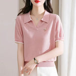 Carregue a imagem no visualizador da Galeria, Female Tee Baggy Plain Knitted Cute T-shirts Kawaii Women&#39;s Polo Pulovers Offer Free Shipping Summer 2024 with Collar New On  Amaijoin
