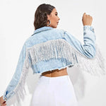 Carregue a imagem no visualizador da Galeria, Women&#39;s Fringe Jacket Tassel Cropped Denim Jacket Raw Hem Ripped Crop Jean Jackets  Amaijoin
