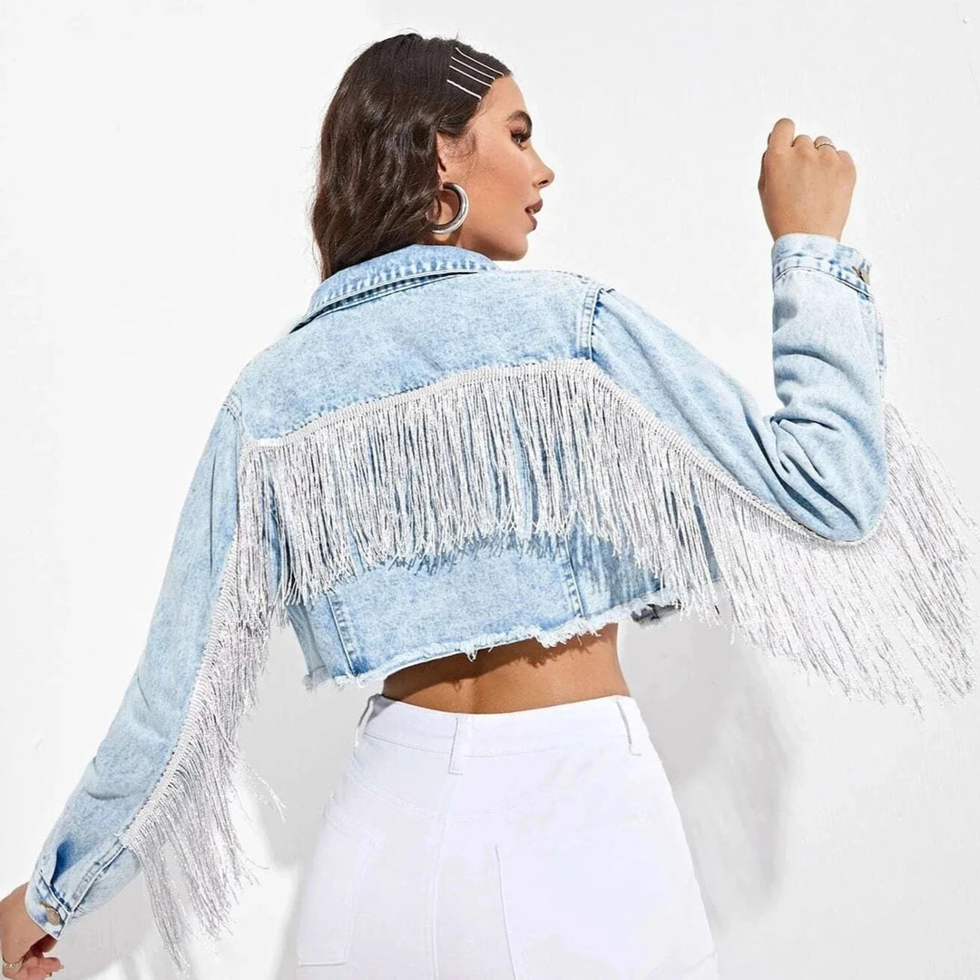 Women's Fringe Jacket Tassel Cropped Denim Jacket Raw Hem Ripped Crop Jean Jackets  Amaijoin