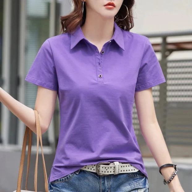 Summer New In Polo Shirt Short Sleeve Cotton Plus Size  Basic T- Shirt Women Button Casual Office Lady Formal Women Tops 2024  Amaijoin