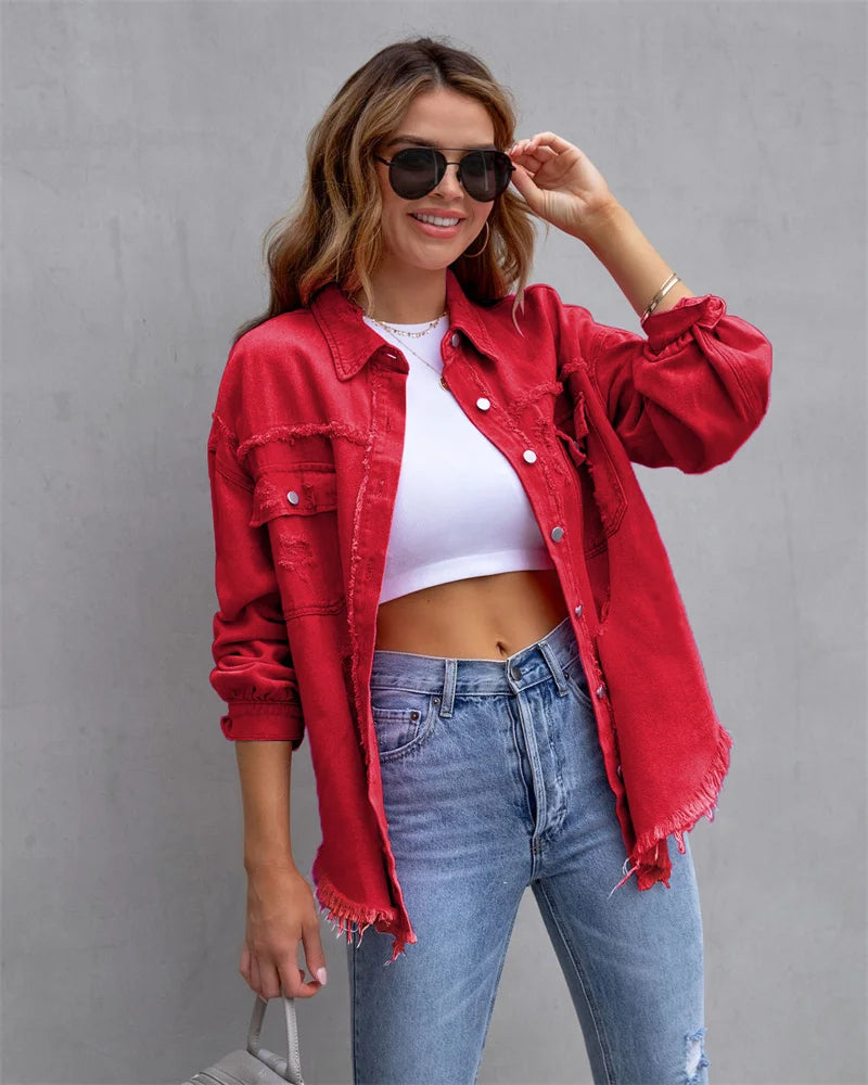 Ragged Torn Denim Lapel Jacket Women Autumn Winter Short Fashion Jacket  Pockets Blazer Solid Standard Overcoat Loose Streetwear  Amaijoin