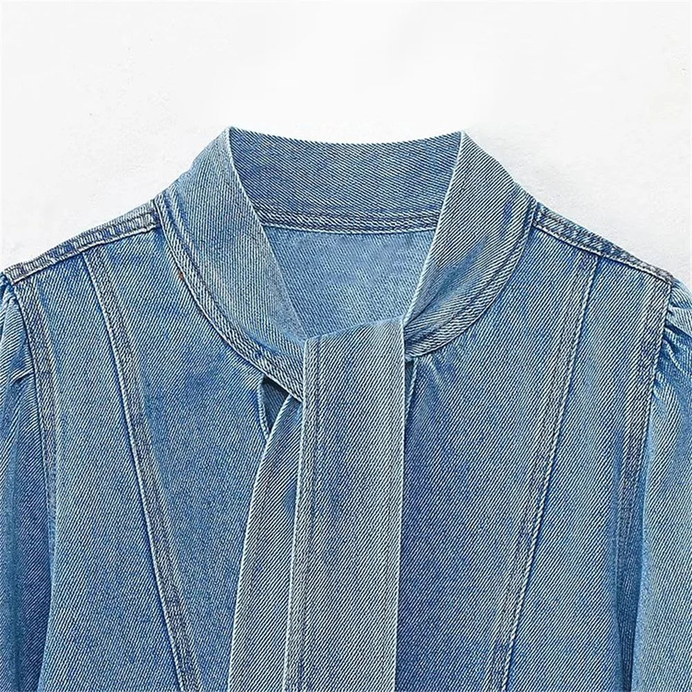 2023 New Women's High Quality Fashion Style Bowtie Denim Shirt  Amaijoin