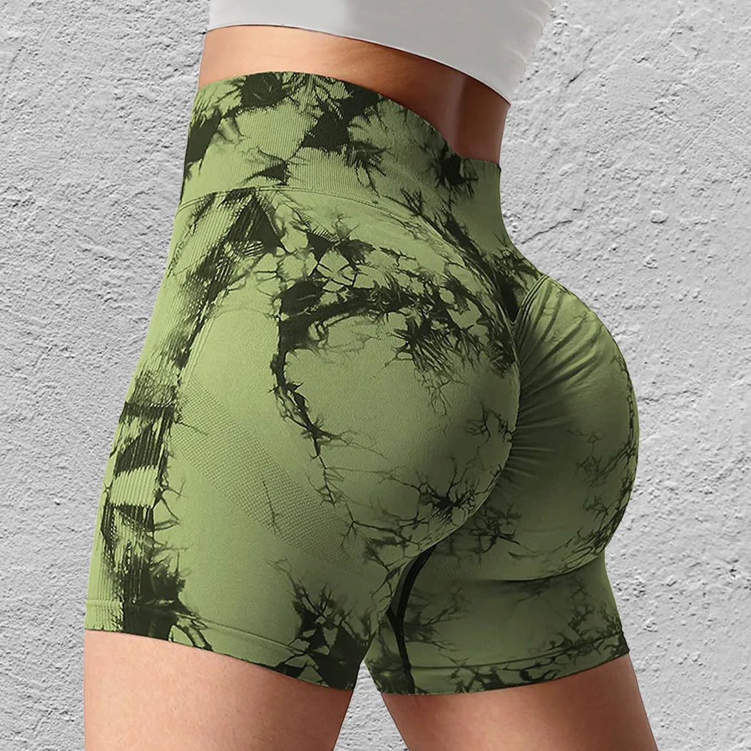 Seamless Tie Dye Sport Shorts For Women Summer Elastic Scrunch High Waist Push Up Tummy Control Gym Fitness Workout Yoga Shorts  Amaijoin