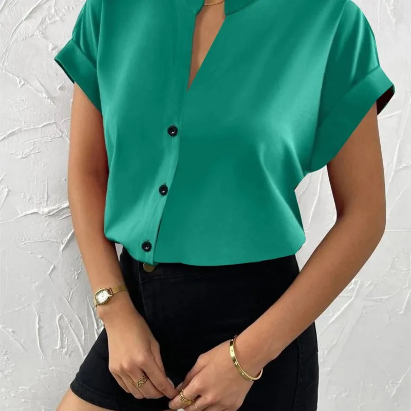 Summer Minimalist Women's V-neck Shirt 2023 Elegant Women's Satin Red Short Sleeved Single Breasted Casual Fitting Office Shirt  Amaijoin