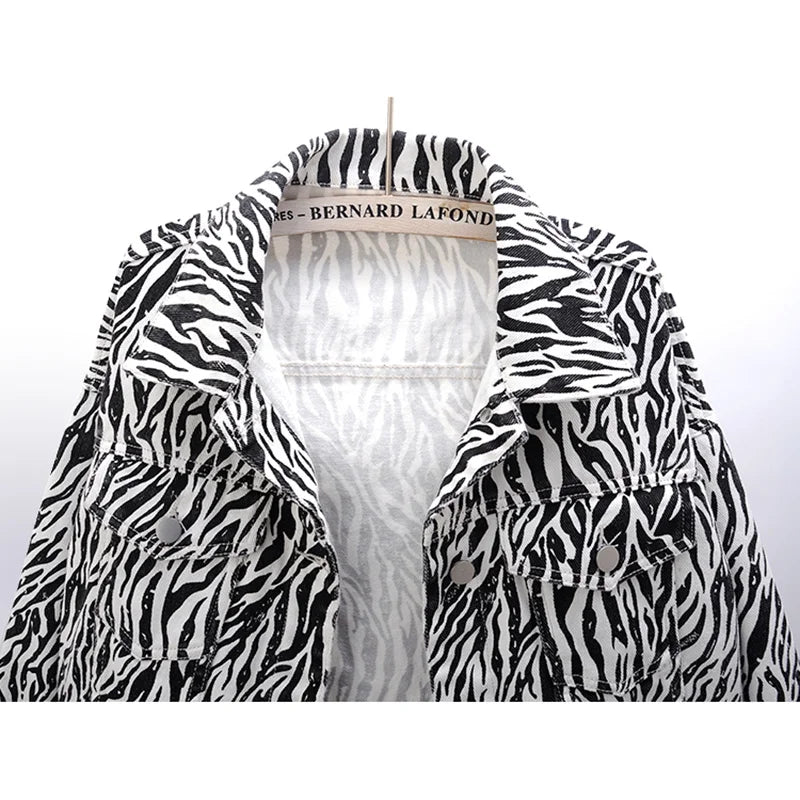 Fashion Zebra Print Denim Jacket Women Loose Short Outerwear Spring Autumn Korean Big Pocket Long Sleeve Jeans Jackets Female  Amaijoin