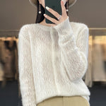 Carregue a imagem no visualizador da Galeria, Round Neck 100% Merino Wool Cardigan Spring Autumn New Hollow Out Fashion Long Sleeved Solid Color Knitted Cardigan Sweater Top  Amaijoin
