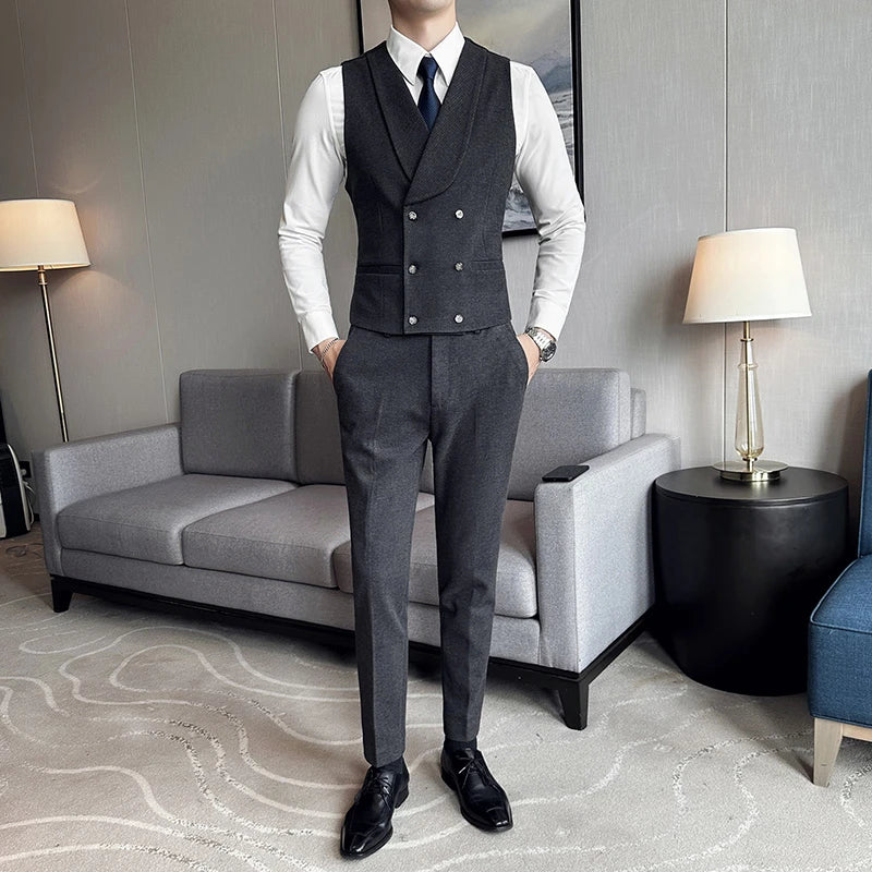 High Quality Men's British Business Suit Vest Men's Brand Clothing Slim-fit Vest Men's Double-breasted Blazer Dress Waistcoat  Amaijoin