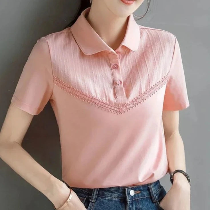 Women's Polo Shirts Button Plain Baggy T-shirts Pink Y2k Fashion Casual Tops on Female Tee Offer Youthful Clothes Korean Popular  Amaijoin