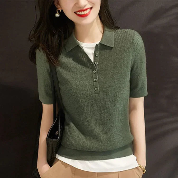 Women's Polo Shirts Knitted Plain Button T-shirts Pink Clothing Trend 2024 Basic Pulovers Short Female Tee Sleeve Pretty Summer  Amaijoin