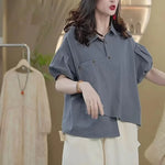 Carregue a imagem no visualizador da Galeria, Cotton Irregular Shirt Blouse 2023 Summer New Women&#39;s Clothing Korea Stylish Bubble Sleeve Loose Thin Oblique Buckle Top Women  Amaijoin
