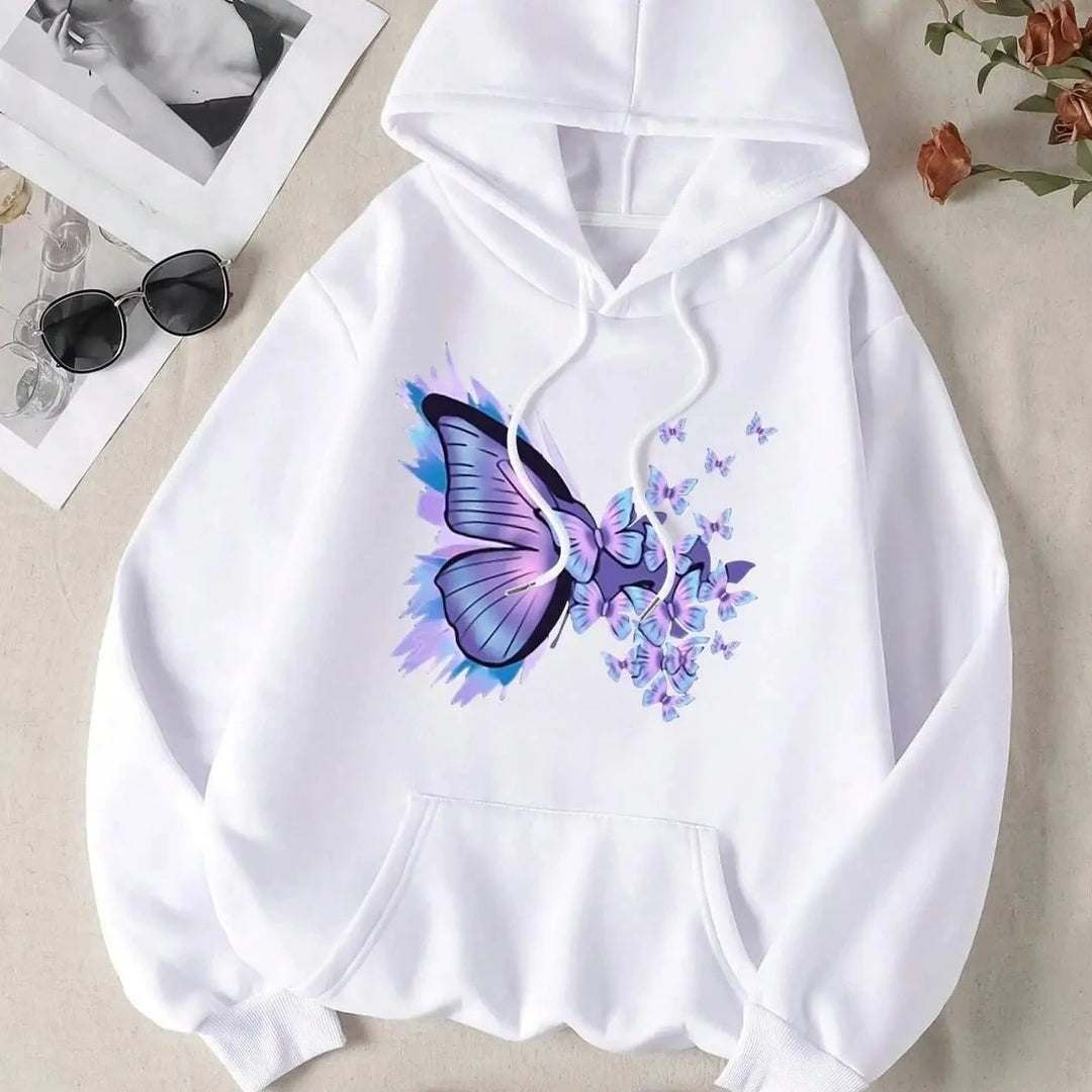 Purple Dream Butterfly Printed Hoodies Casual Women Sweatshirts Comfortable Fleece Pullover Crewneck Loose Female Tops Clothes  Amaijoin