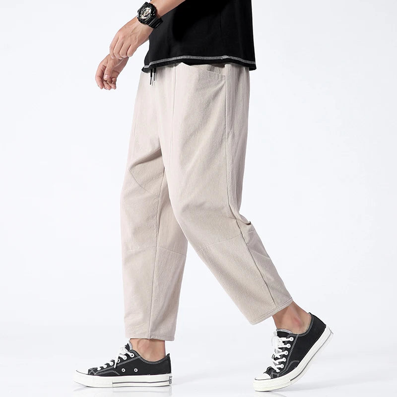 100% Cotton Summer Casual Pants Man Trendy Japanese Cropped Pants Loose Pants Men 5xl  Amaijoin