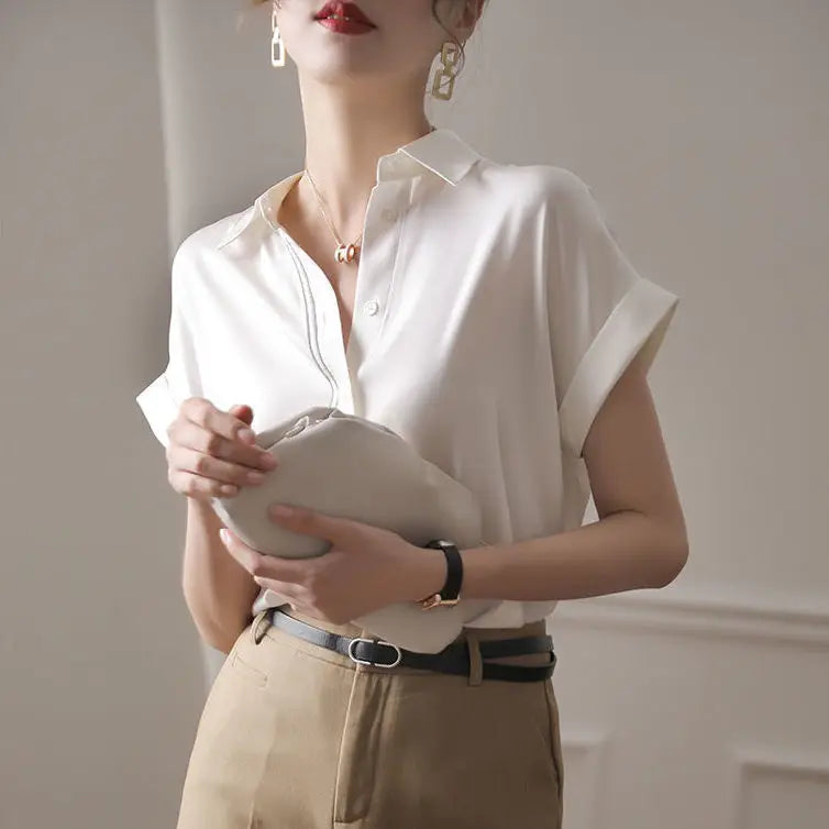 Youth Summer Blouse for Women Casual Silk Fashion Satin Satin Shirt Woman Formal White Office Wear Aesthetic Beautiful Loose New  Amaijoin