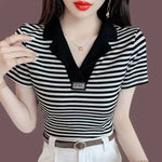 Carregue a imagem no visualizador da Galeria, Tops Black Clothing Plain Polo Neck Shirts for Women Aesthetic Luxury High Quality T-shirt Woman Cotton with Collar Y2k Fashion  Amaijoin
