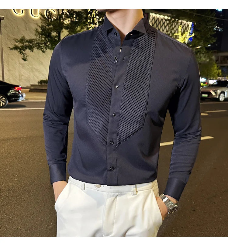 2023 Autumn Banquet Gentleman Dress French Collar Shirt Men's Long Sleeve Casual Business Organ Pleated Shirt Men Clothing  Amaijoin