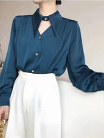 Carregue a imagem no visualizador da Galeria, Zoki Sexy Hollow Out Women Satin Shirt Elegant Long Sleeve Casual Office Lady Blouse Korean Fashion All Match Loose White Tops  Amaijoin
