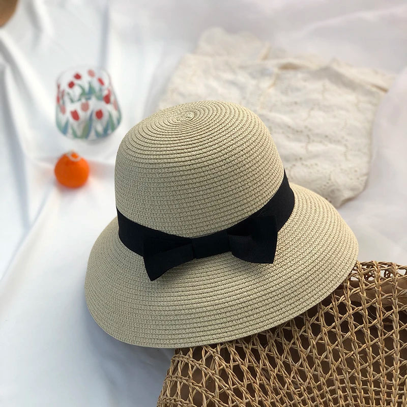 Hepburn bow ribbon sun hat women's straw hat Bucket hat color sunscreen sun hat beach hat wholesale  Amaijoin