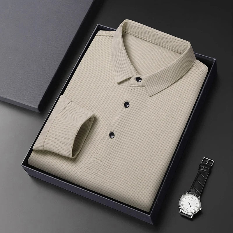 New Men's Long Sleeve T Shirt Button Lightweight Lapel Loose Polo Shirt Solid Color Top  Amaijoin