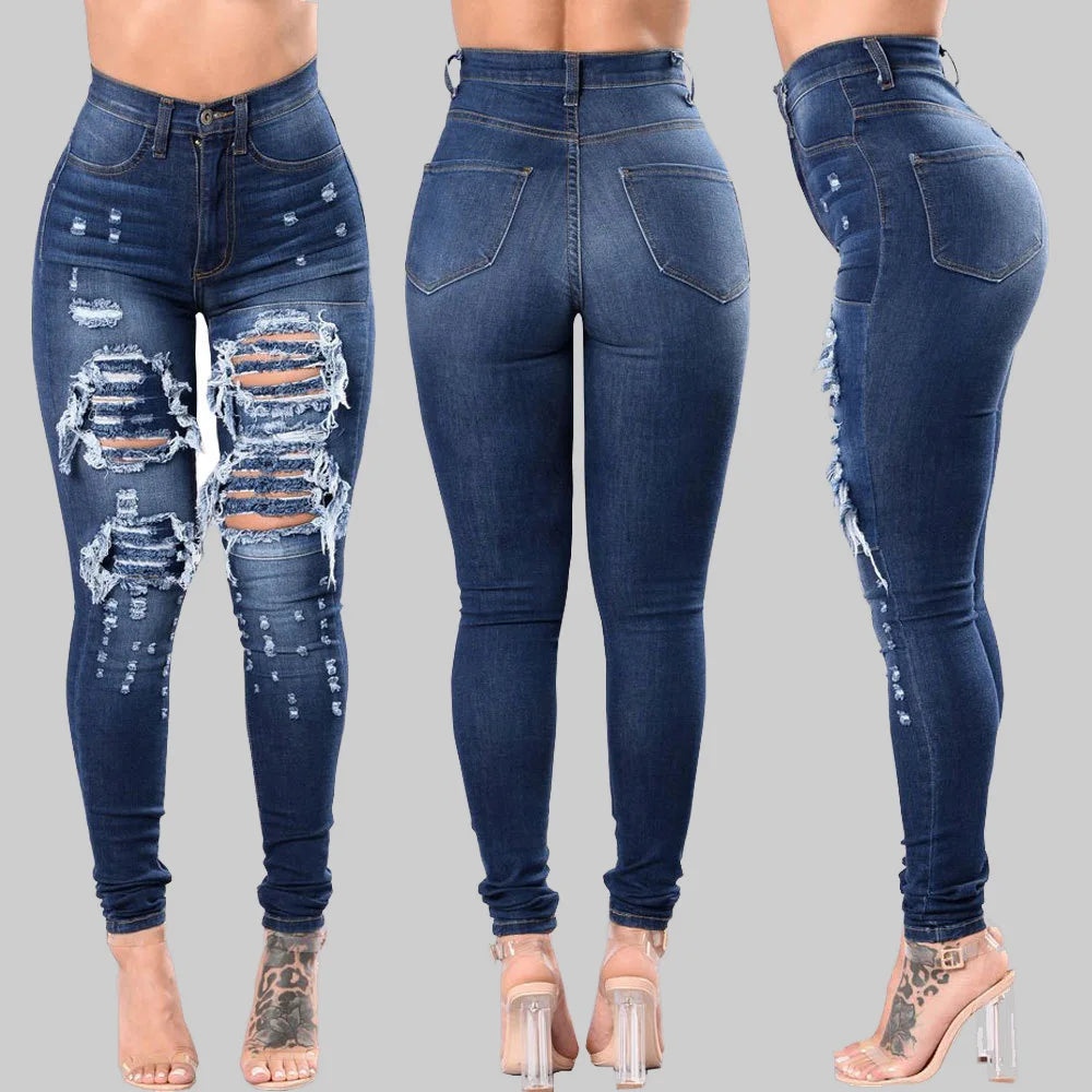 New Designer Denim Women 2022 High Waist Ripped Jeans for Women Skinny Black White Jeans Woman Elastic Slim Jean Female Femme  Amaijoin