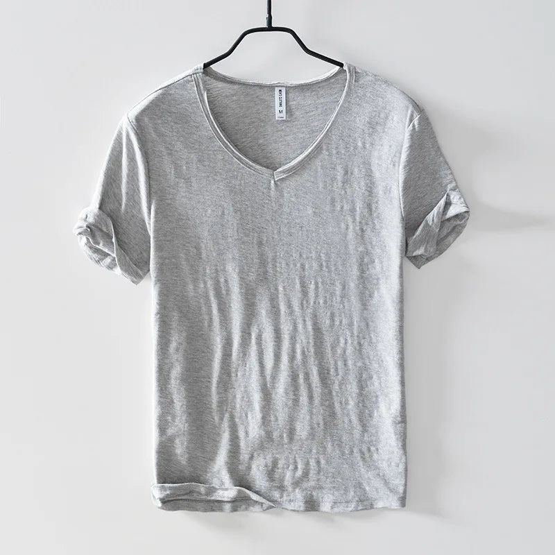 Summer T Shirt Men Linen Cotton Short Sleeve Tshirt V-neck Tops&Tee Breathable Comfortable Slim T-shirt Men Dropshopping  Amaijoin