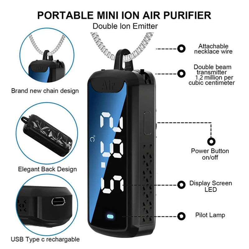 120 Million Negative Ion Hanging Neck Air Purifier Personal Wearable Mini Portable Temperature Measurable Air Purifier Travel  Amaijoin