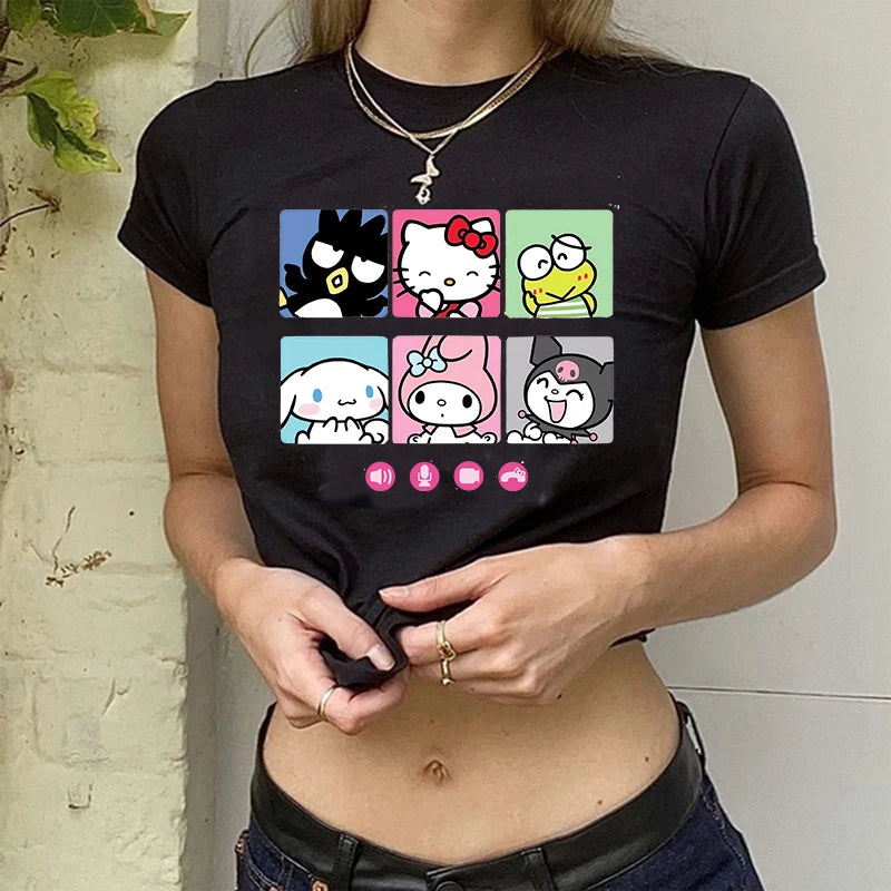 Tshirt Crop Top Hello Kitty T-shirt Kawaii T Shirt Sanrio Anime Cartoon Children Casual Clothes Y2k Cropped Tee Shirt Top  Amaijoin