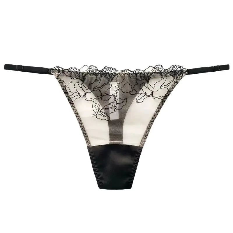 BirdTree 93%Real Silk Sexy G-String, Women's Lace Embroidery Thong, Transparent Erotic T-back, 2024 Spring Summer New P41942QM  Amaijoin