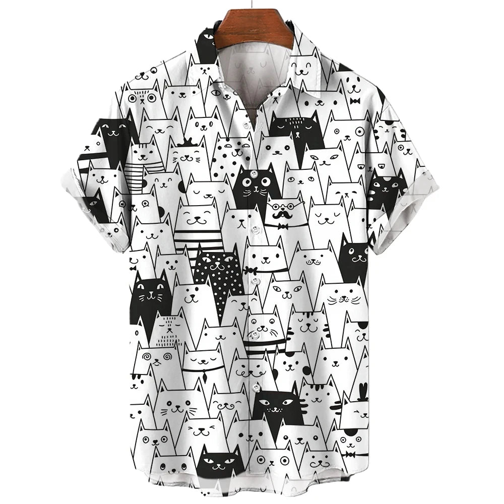 Men's Shirt Cute Cartoon Cat 3D Printed Casual Fashion Women Short Sleeves Shirts Button Lapel Tops Oversized Unisex Clothing  Amaijoin