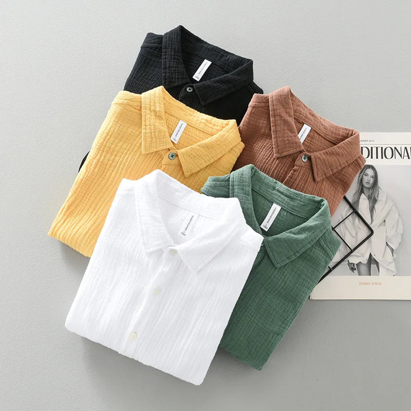 2093 Men's 100% Cotton High Quality Pleated Shirt Japan Style Solid Color Simple Basic Blouse Loose Casual Long Sleeve Tops Male  Amaijoin