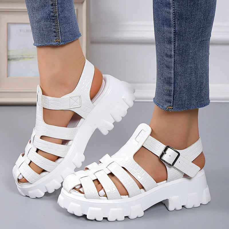 Summer Fashion Gladiator Women Narrow Band Cross-tied Platform Square Heel Peep Toe Rome Design Sexy Mature Shoes Ladies Female  Amaijoin