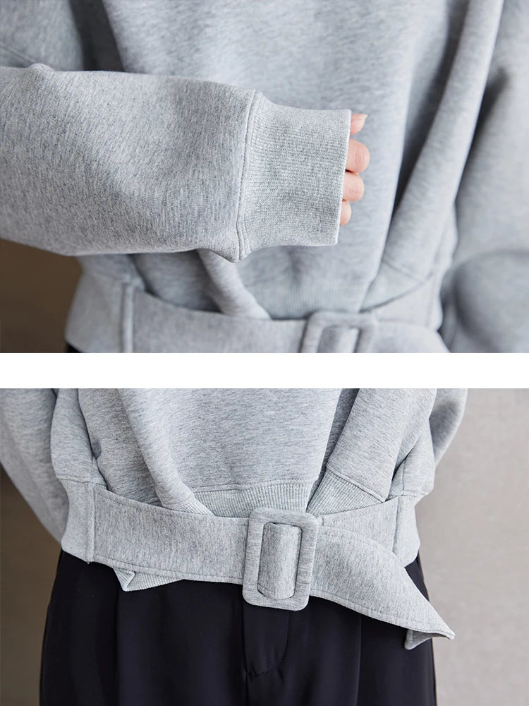 Stylish Grey Sweatshirts Autumn Winter Women Plain Long Sleeve Belt Waist Loose Casual Oversize Pullovers Korean Short Jumper  Amaijoin