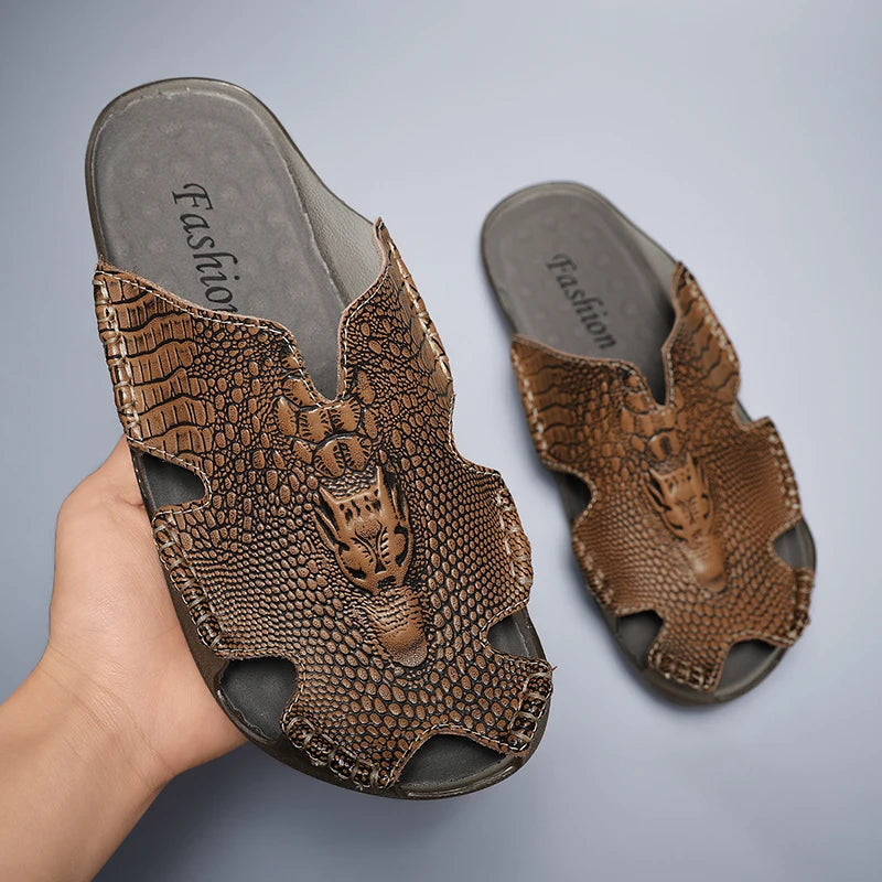 Genuine Leather Men's Slippers Crocodile Grain Style Men Flip Flops High Quality Sandals Non-slip Male Slippers Home Slippers  Amaijoin