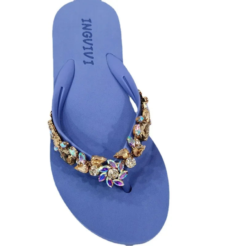 Slippers Women Glitter Flip Flops  Summer 2023 Fashion Outdoor Rhinestone Chain Wedge Beach Slippers Jelly Hawaiian Flat Sandals  Amaijoin