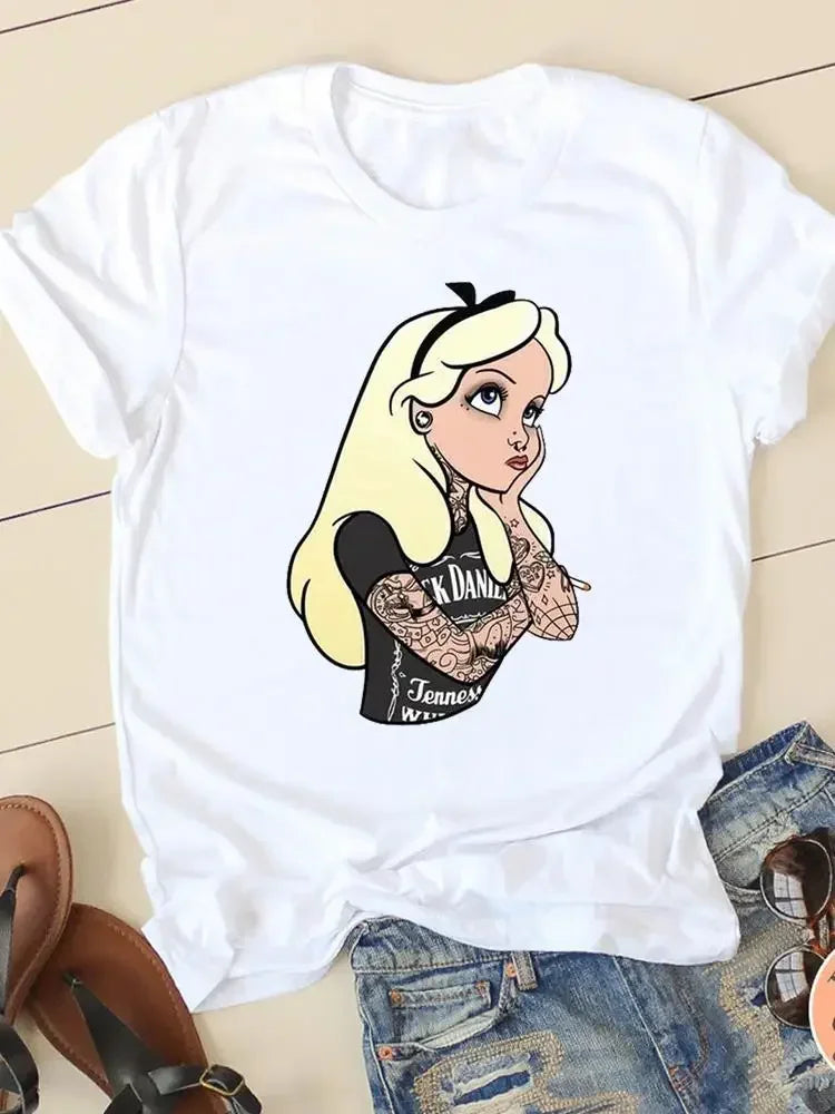 Women's T-shirt Short Sleeve Cartoon Graphic Casual Tee Clothes College 90s Style Interconnection Princess Fashion Female  Amaijoin