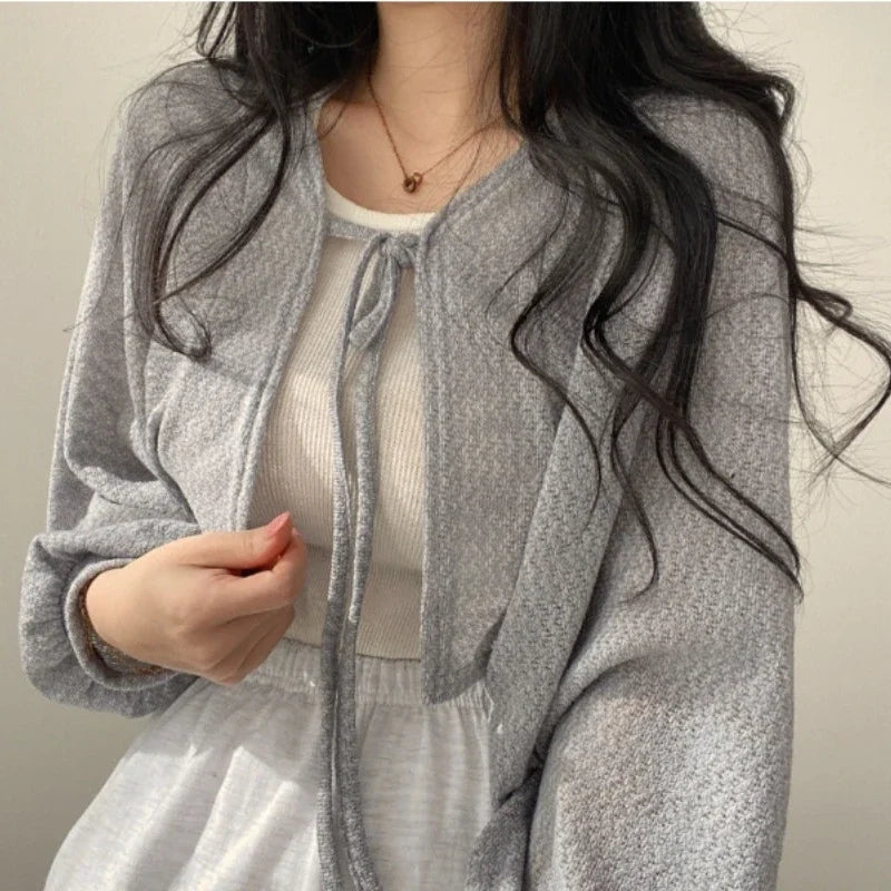 Thin White Cardigan Women Summer Sunscreen Lace-up Knitwear Tops Lady Korean Style Casual Lantern Sleeve Short Sun Protected Top  Amaijoin