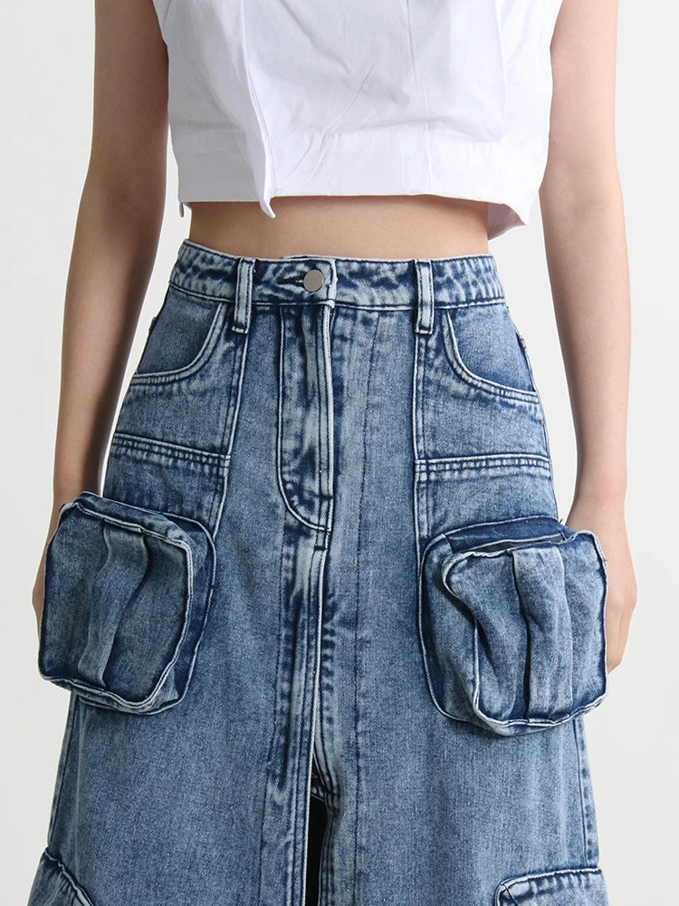 TWOTWINSTYLE Split Denim Skirts For Women High Waist Patchwork Pocket Temperament Solid Skirt Female Autumn Fashion Style New  Amaijoin