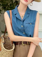 Carregue a imagem no visualizador da Galeria, Vintage Denim Vest Women Summer Cuban Collar Sleeveless Shirt Loose Casual French Style Chic Pocket Blouse Outerwear Top  Amaijoin
