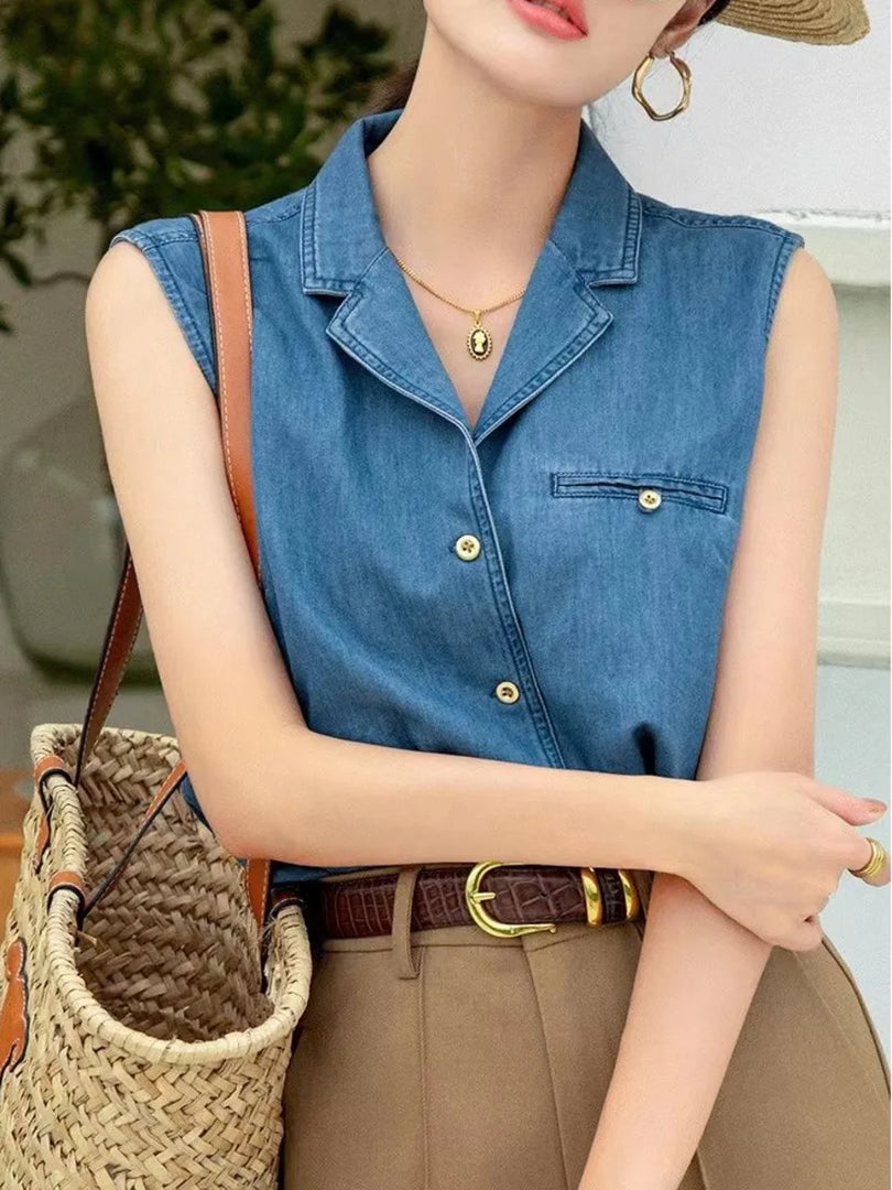 Vintage Denim Vest Women Summer Cuban Collar Sleeveless Shirt Loose Casual French Style Chic Pocket Blouse Outerwear Top  Amaijoin