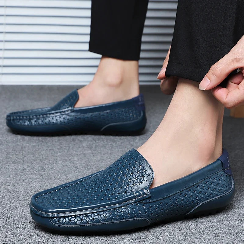 2023 Summer Men Casual Shoes Luxury Brand Genuine Leather Mens Loafers Moccasins Hollow Out Breathable Slip on Driving Shoes  Amaijoin