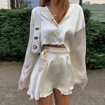 Carregue a imagem no visualizador da Galeria, White Elegant Satin 2 Two Piece Set Women Lantern Long Sleeve Crop Tops Cardigan Sexy High Waist Mini Tennis Sport Skirts New  Amaijoin
