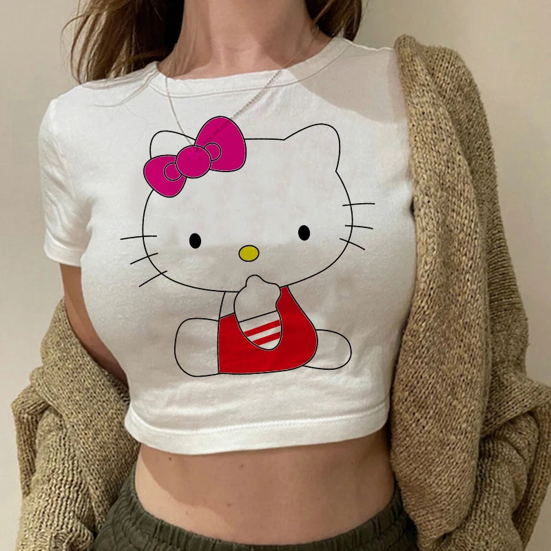 Tshirt Crop Top Hello Kitty T-shirt Kawaii T Shirt Sanrio Anime Cartoon Children Casual Clothes Y2k Cropped Tee Shirt Top  Amaijoin