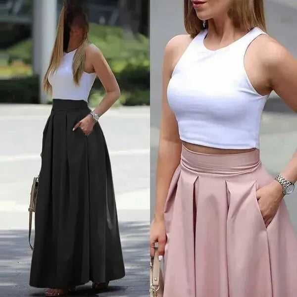 2022 European American Trade Wish Cross-border Solid Color High-waisted Skirt Long Dress Pleats  Amaijoin