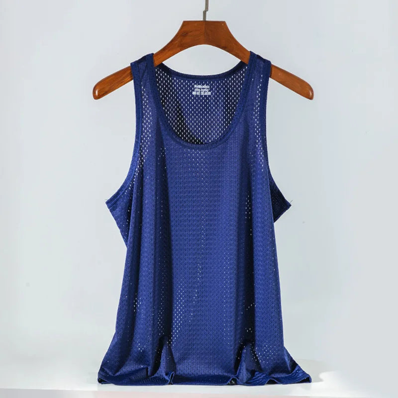 Summer Quick-Drying Thin Breathable Ice Silk Vest Men Tops Sport T Shirts Sleeveless Mesh Hole Tank Tops Gym Clothing Outer Wear  Amaijoin