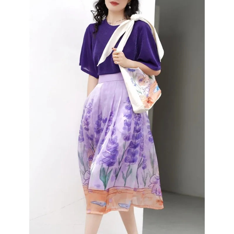 2024 Spring/Summer New Sweet Printed Women's Elastic Waist Pleated Pocket Fashionable and Loose High Waist Midi A-line Skirts  Amaijoin