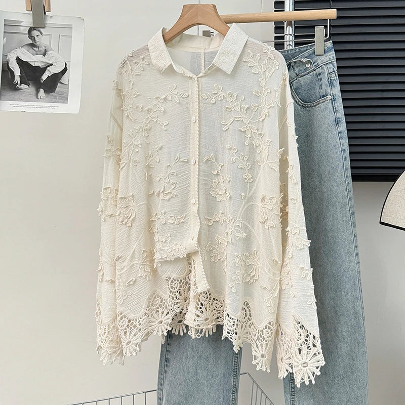 Embroidery Stereo Jacquard Gentle Blouses Single-breasted Lace Patchwork Age Reducing Blusas 2024 Spring Autumn New Chic Shirts  Amaijoin