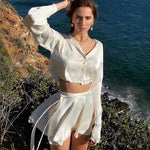 Load image into Gallery viewer, 2024 White Elegant Satin 2 Two Piece Set Women Lantern Long Sleeves Crop Tops Cardigan Sexy High Waist Mini Tennis Sports Skirts  Amaijoin
