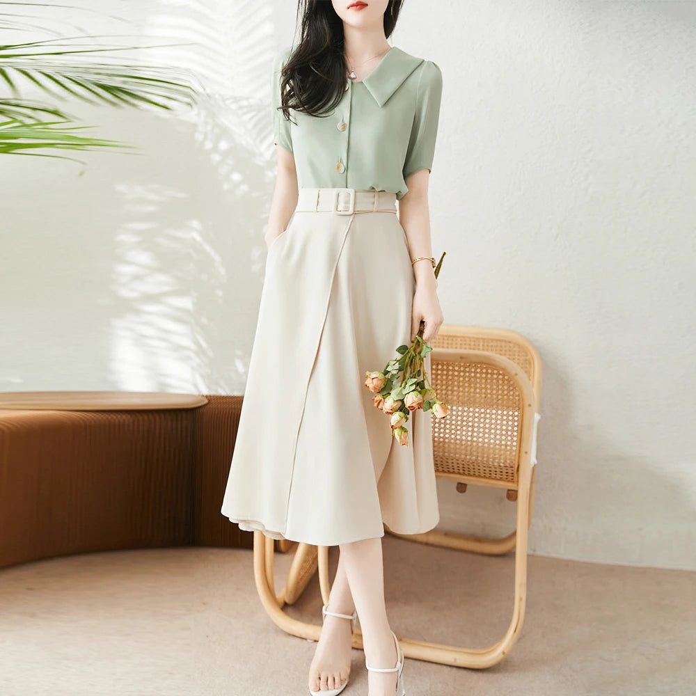 2024 New Irregular Elegant Women's Pleated Skirts With Belt High Waist Umbrella Skirt Spring Summer Casual Office Lady Clothing  Amaijoin