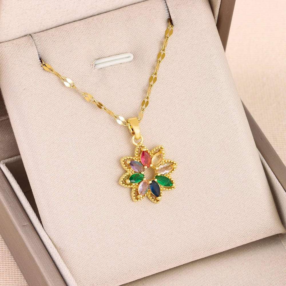 New In Fashion 7 Colors Zircon Crystal Flower Pendant Necklaces For Women Trendy Female Stainless Steel Chain Ladies Accessories  Amaijoin